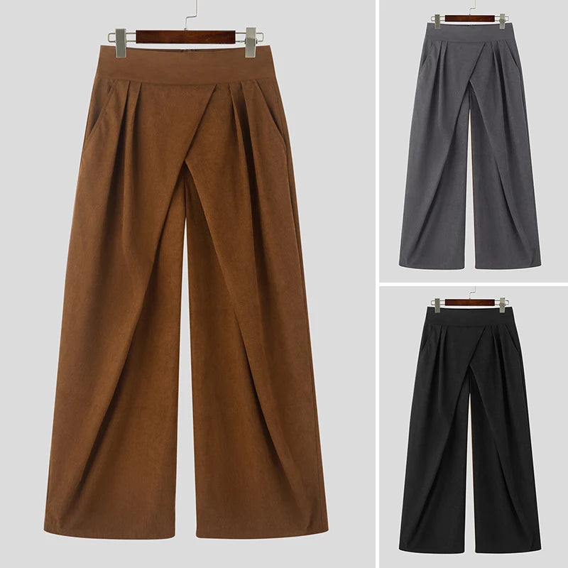 INCERUN American Commuting Men Long Loose Pants 2024 Handsome Boy High Waist Solid Color Trousers Fold Cross Wide Leg Bottoms