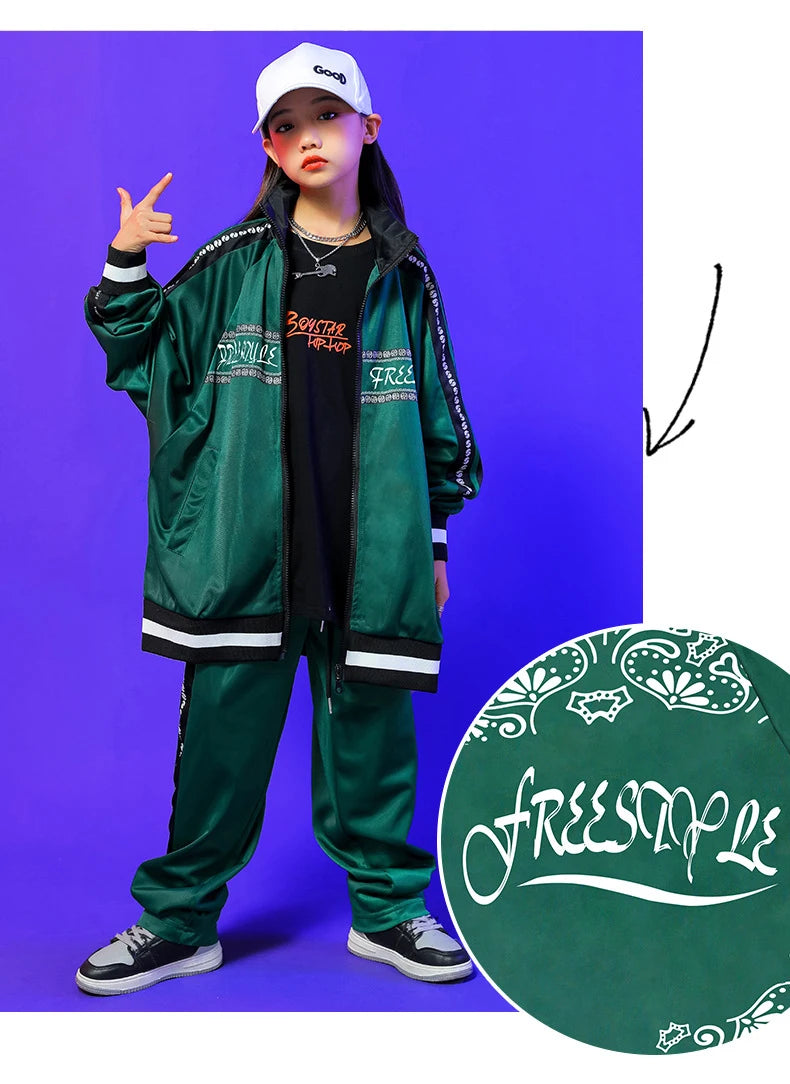 Kids Hip Hop Clothing Green Long Sleeves Outfit Coat Pants Boys Girls Modern Street Dance Costume Concert Show Clothing BL9005