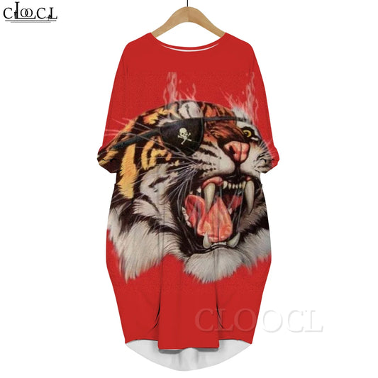 CLOOCL Harajuku Street Printed Long Sleeves Dress Tiger Head Graphics Pocket Dresses Animal Evening Dresses for Women 2022