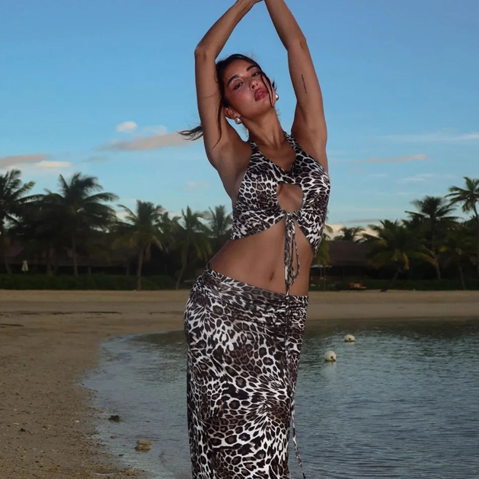 2024 Summer Women's Dress Set Elegant Sexy Backless Sleeveless Lace-up Top Slim Fit Long Skirt Leopard Print Suit Holiday Beach
