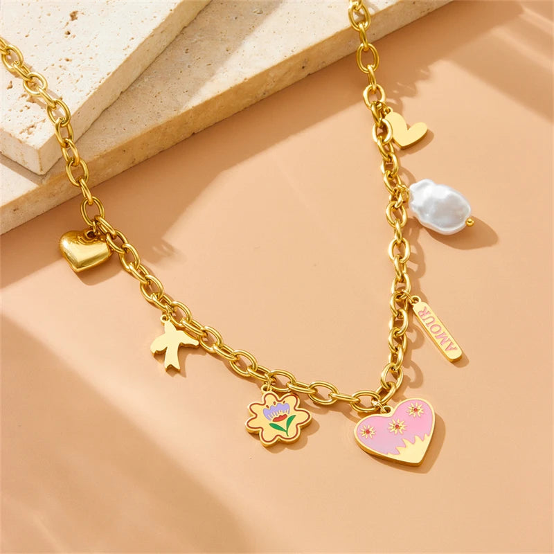 DIEYURO 316L Stainless Steel Pink Heart Flower Irregular Pearl Pendant Necklace For Women New Trend Love Neck Jewelry Gift Party