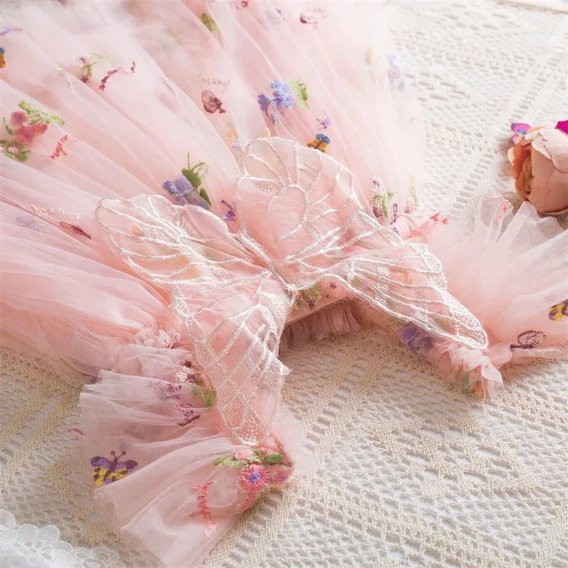 0-5 Years Girls' Dress Butterfly Dress for Summer New Flying Sleeve Mesh Princess Dress Baby Girls Floral Embroidery Clothes