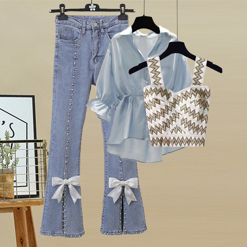 Spring/Summer Fashion Women Three Piece Set Temperament Chiffon Shirt Small Fragrant Knitted Back Temperament Split Jeans