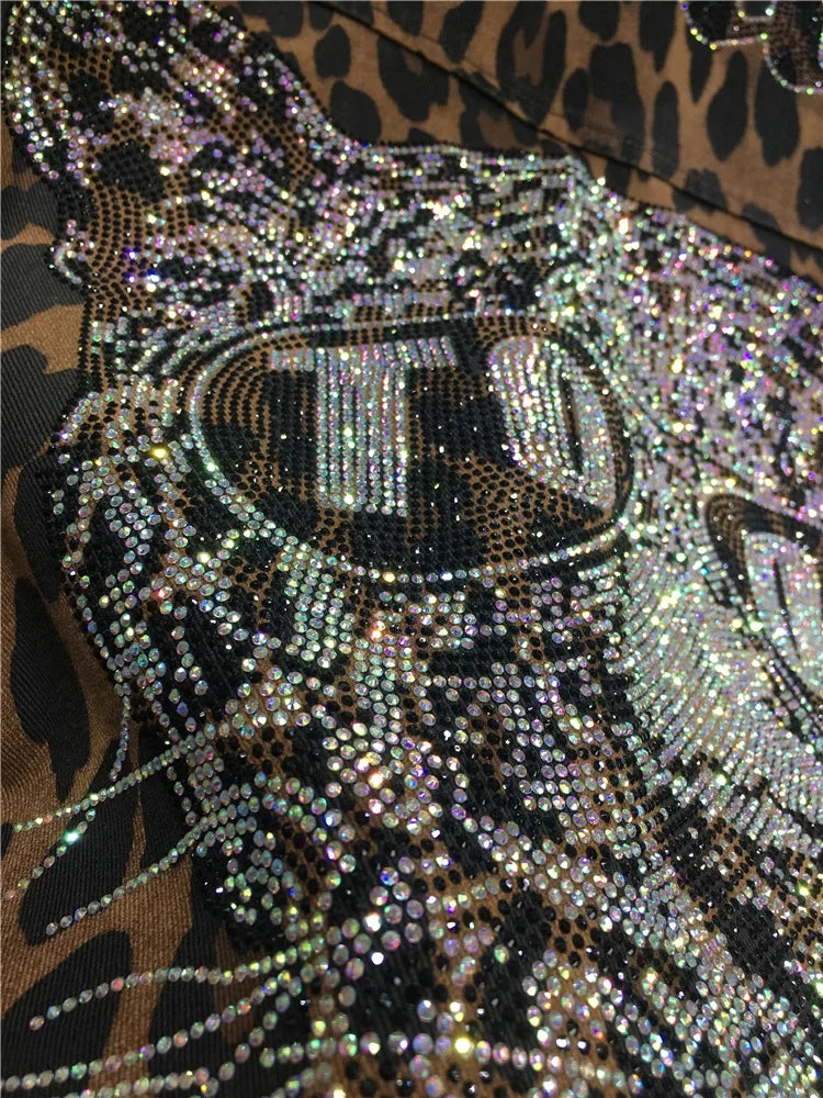 European Goods Heavy Industry Hot Diamond Shirt Women Domineering Tiger Head Leopard Print Cardigan Loose Autumn and Winter Coat