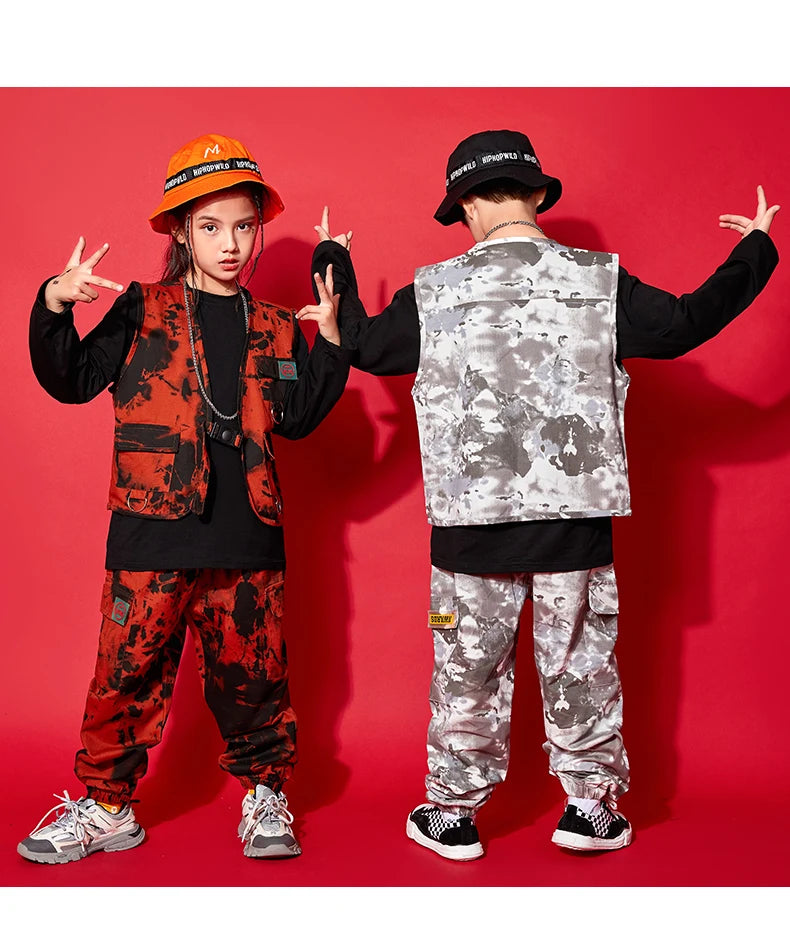 Modern Hip Hop Dance Clothes Kids Costume Camouflage Vest Pants Girls Long Sleeves Suit Boys Street Dance Outfit Rave Wear L9730
