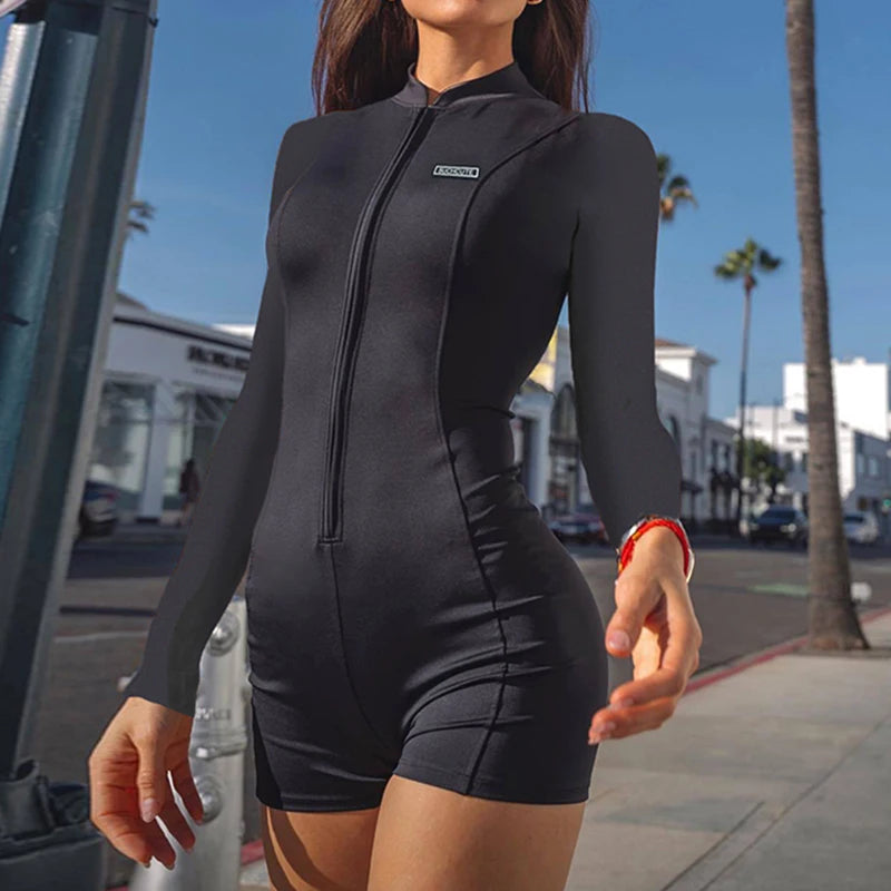 BIIKPIIK Zipper Skinny Women Short Rompers Casual Concise Black Playsuits All-match Sporty Knitted Overalls Body-shaping Fitness