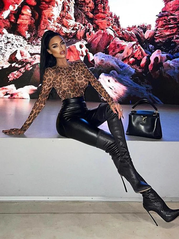 Ahagaga Fashion Club Leopard Printed Sexy Women Bodysuits Casual O-neck Slim Sheath Rompers T Shirts Streetwear Full Sleeve Tops