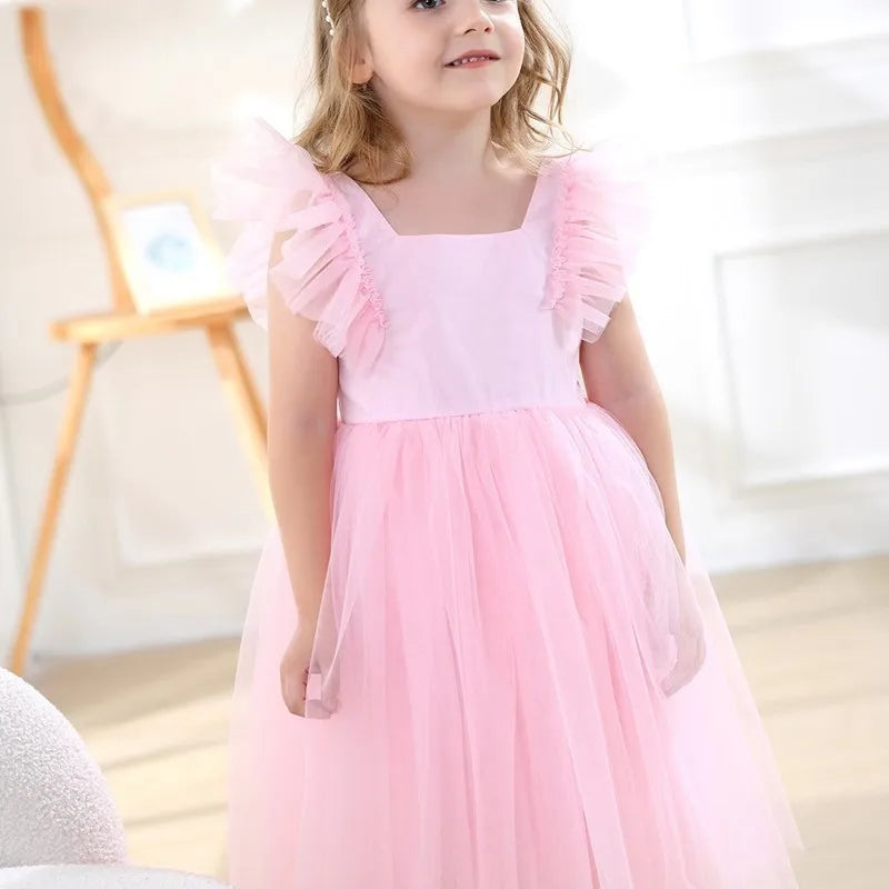 Baby Girl Princess Tutu Dress Fly Sleeve Infant Toddler Child Mesh Tulle Back Bow Vestido Dance Party Birthday Baby Clothes 1-5Y