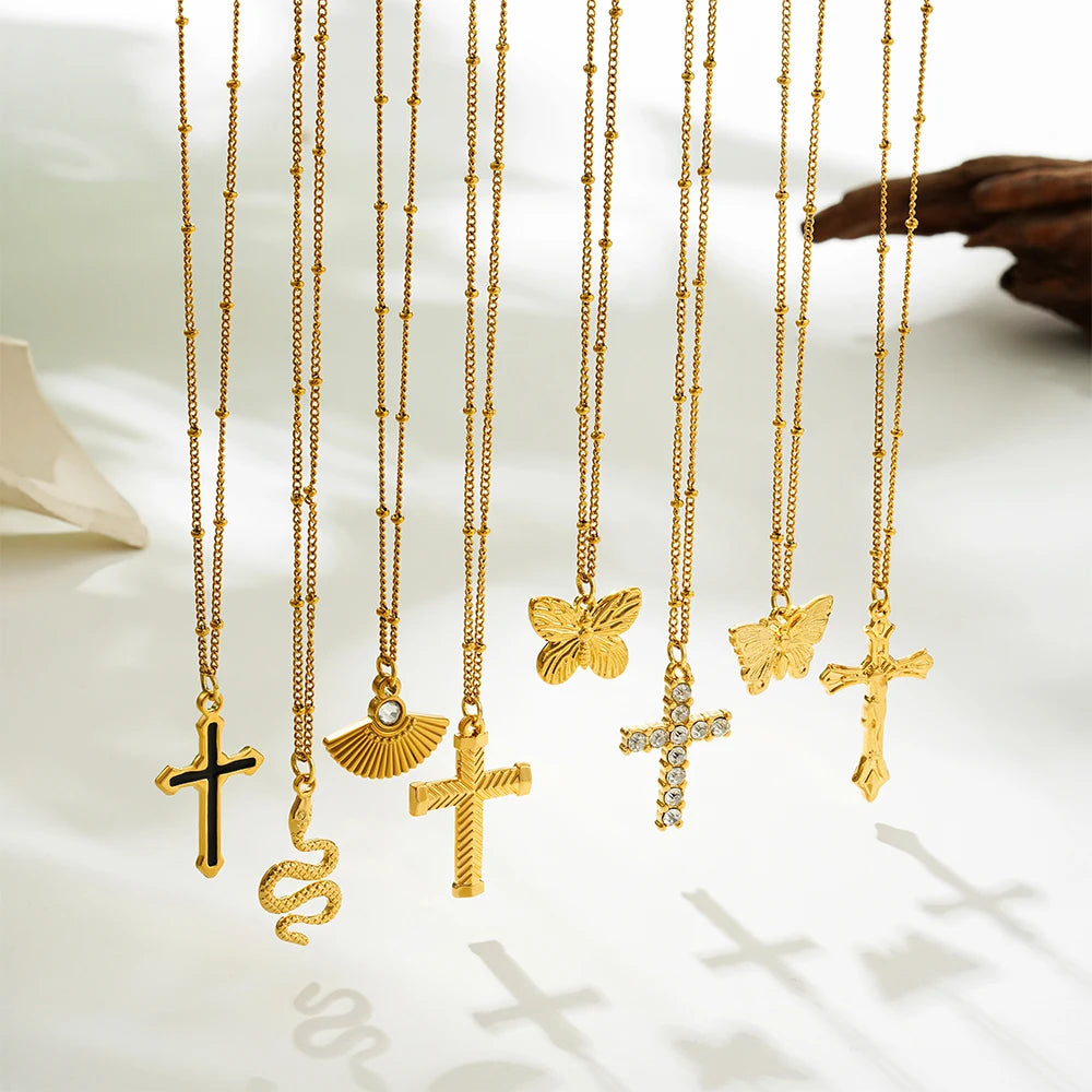 New Trendy Gold Color Cross Butterfly Snake Pendant Necklace for Women Creative Chain Collar Neckalces Stainless Steel Jewelry