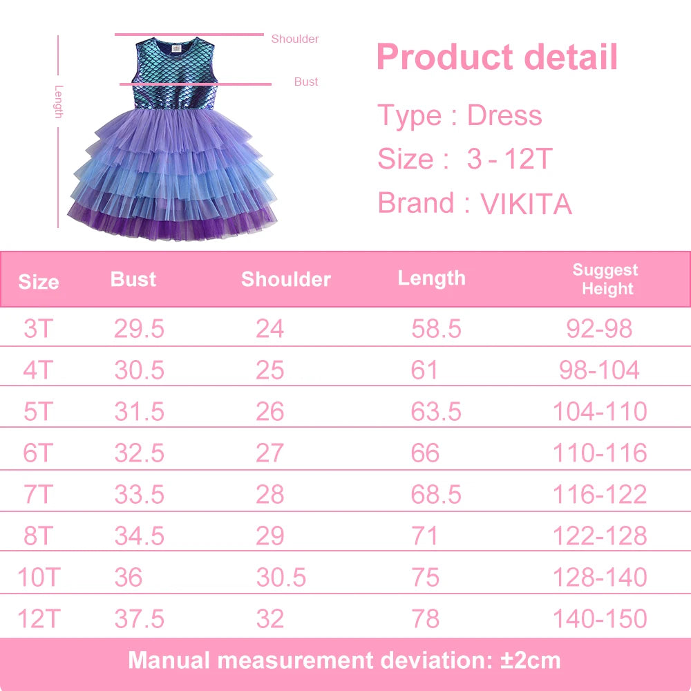 VIKITA Girls Mermaid Print Summer Sleeveless Dresses Girls Birthday Party Prom Gown Princess Dress Kids Layered Cake Tutu Dress