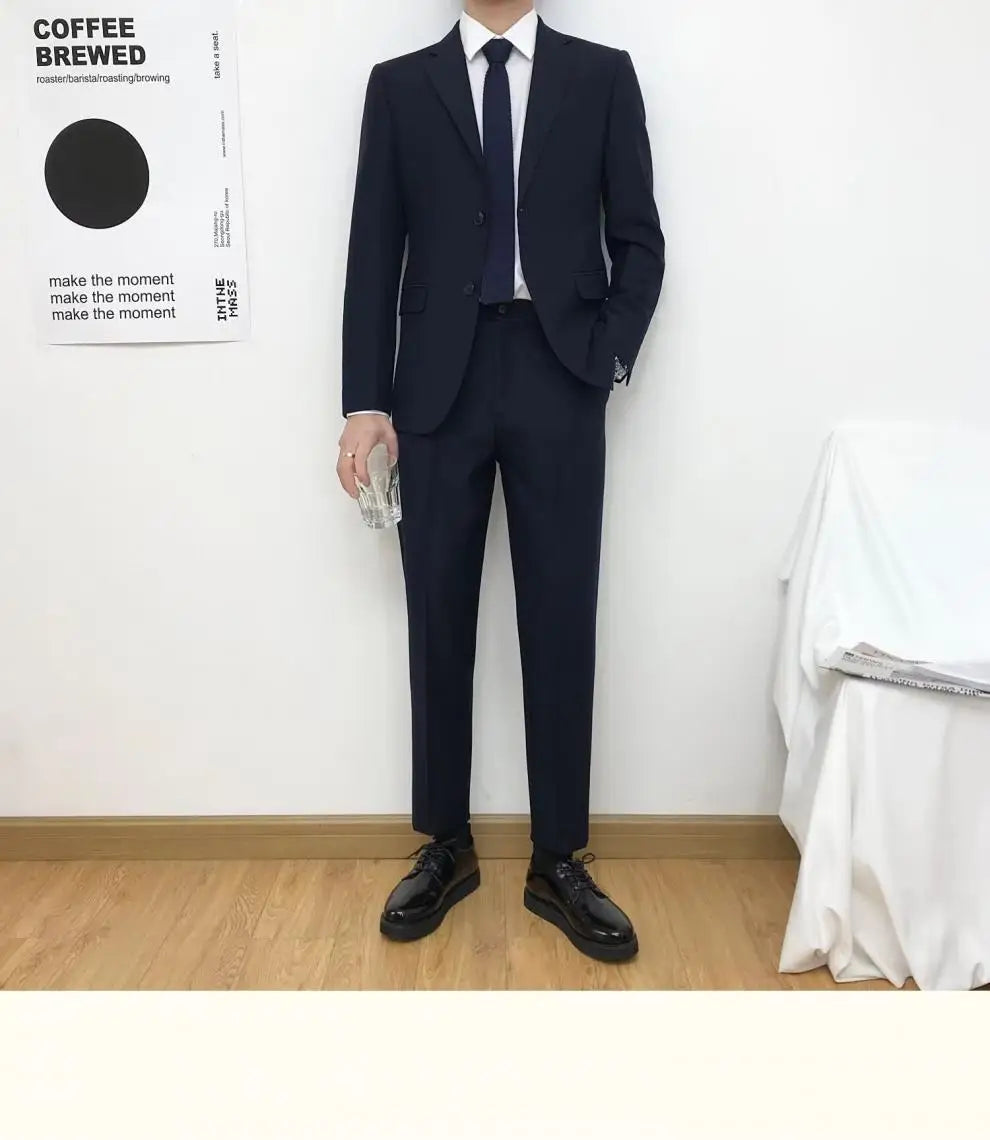 Mens Suits (SB) (Blazer+ Pants) Fashion Business Casual Slim-fit Wedding Solid Color Gentleman British Style Work Evening Dress 6XL