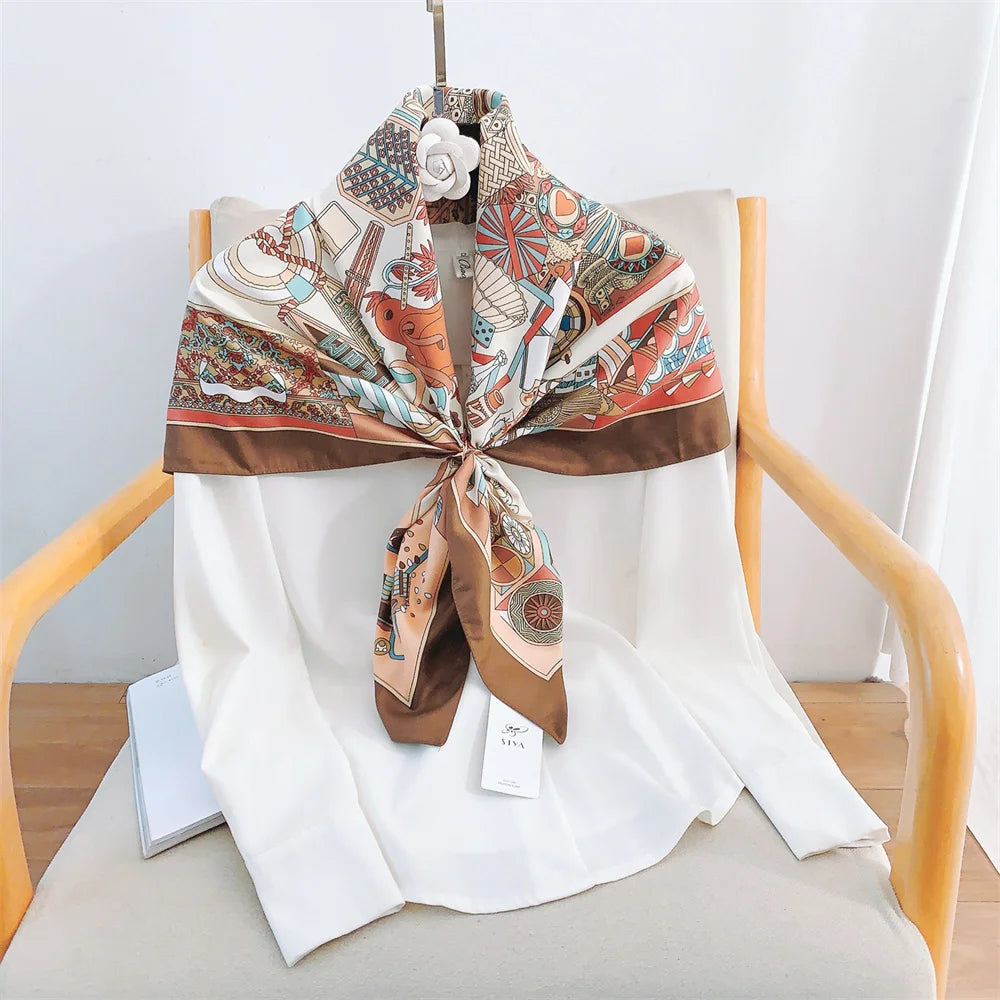 Twill Headscarf for Women Chain Geometric Print 90*90cm Square Scarf Hijab Bandana Female Neckerchief Hand Shawl Wraps Echarpe