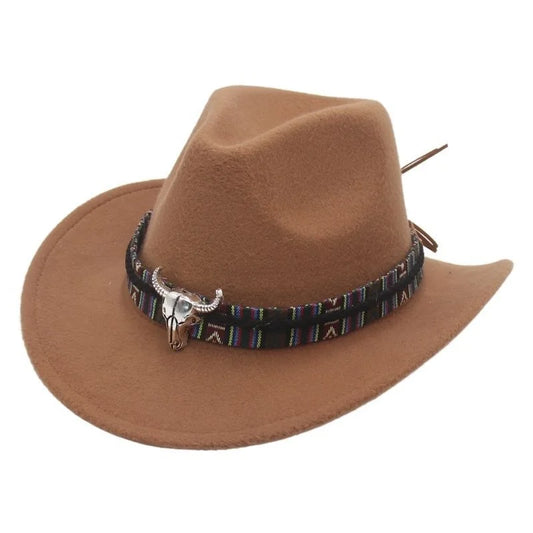 58cm Western Cowboy Style Felt Hat Jazz Ethnic Bullhead Logo Bandwidth Brim Banquet Hat Spanish Bullfighting Festival Accessory