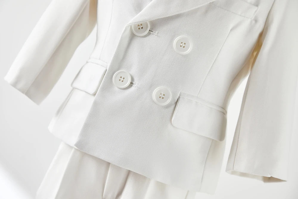 Young child Boy White Suit Baptism Birthday Party Photograph Clothes Dress Baby Jacket Straps Pants Bowtie 3PCS Eid Kids Attire