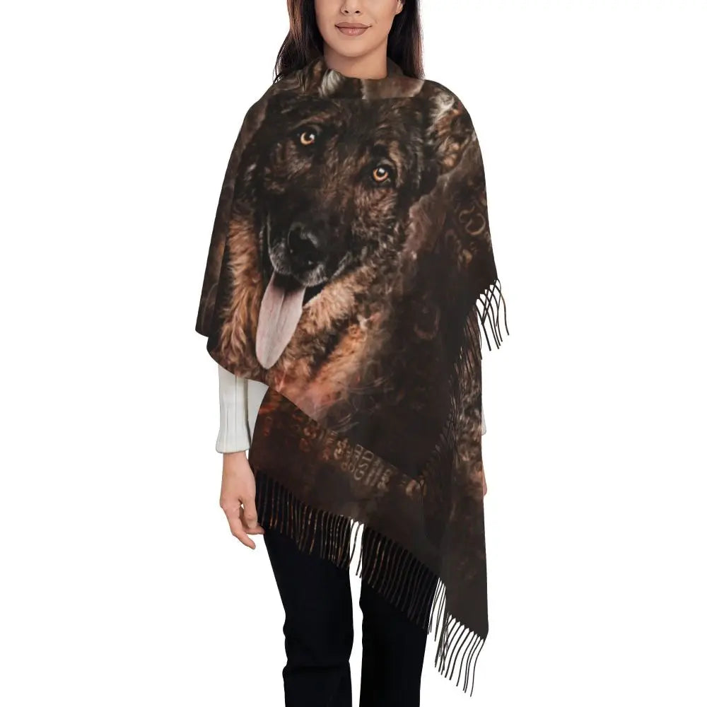 German Shepherd Courage Scarf Wrap Women Long Winter Fall Warm Tassel Shawl Unisex Alsatian Wolf Dog Lover Scarves