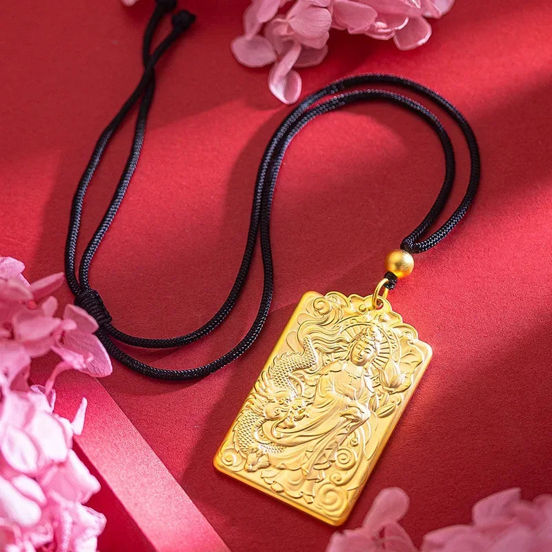 Fine Jewelry Yulong Guanyin Men's Pendant Solid 100% Real Pure Copper 18K Gold Plated High-grade Hangtag Necklace Square Brand