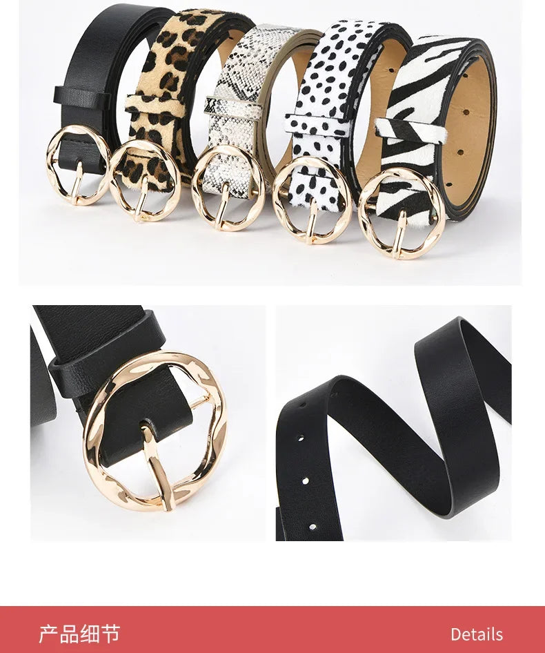 2023 New Women  Leopard Snake Zebra Pattern Snakeskin Cos Skin Cricle Pin Golden Buckle Belts for Dress Jeans Suits