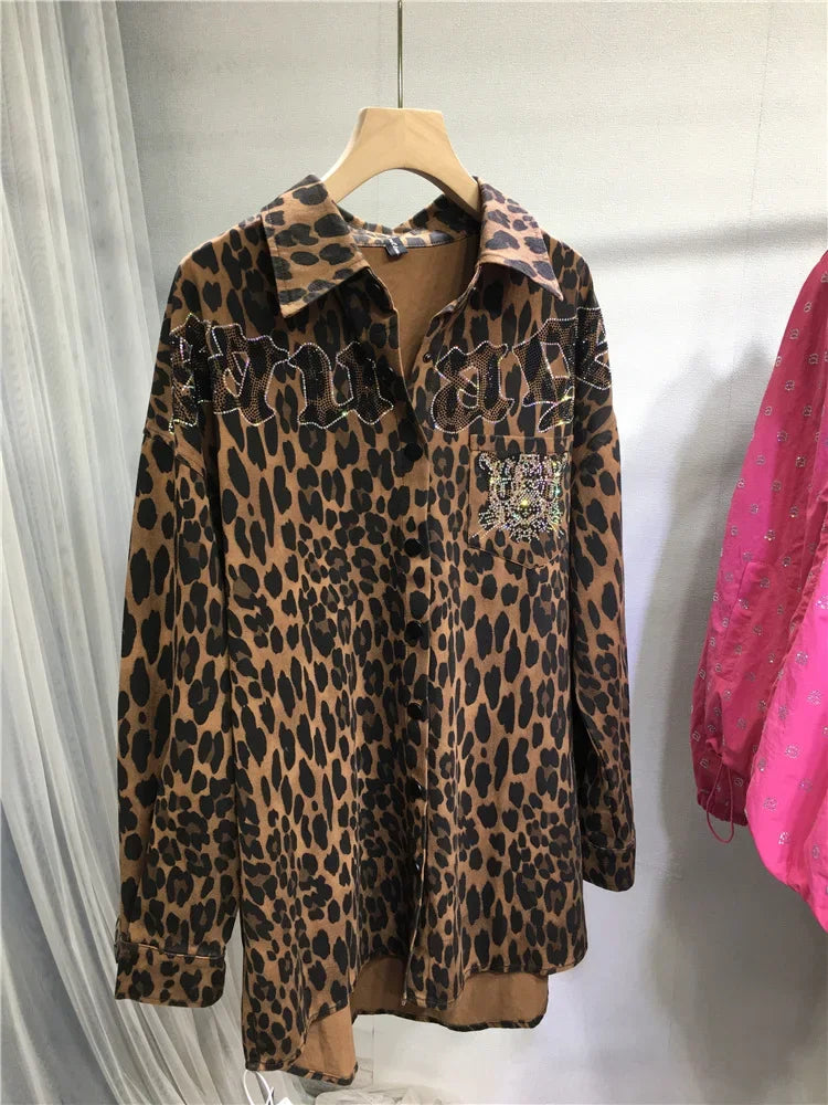 European Goods Heavy Industry Hot Diamond Shirt Women Domineering Tiger Head Leopard Print Cardigan Loose Autumn and Winter Coat