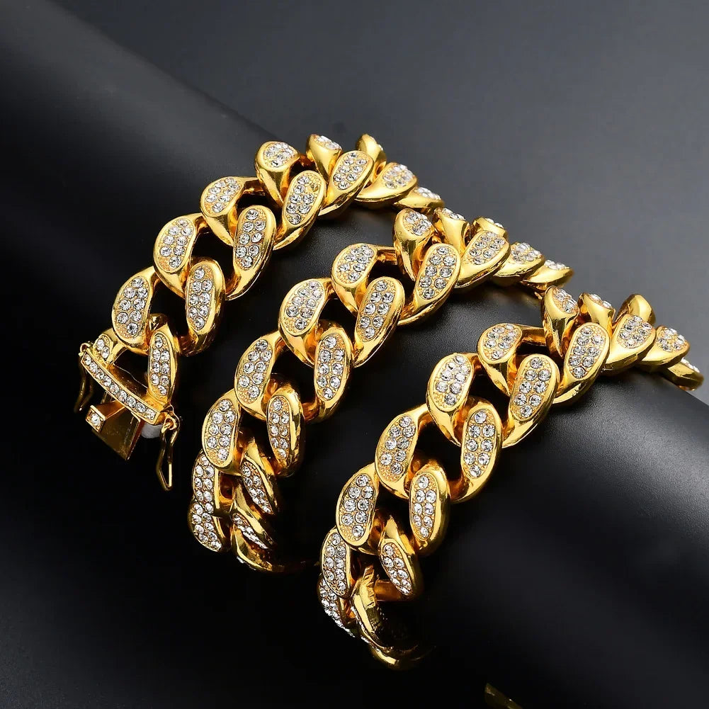 Miami Curb Cuban Chain Necklace Bracelet Women Men 20mm Big Gold Color Iced Out Paved Rhinestones Hip Hop Jewelry Set Box Clasp
