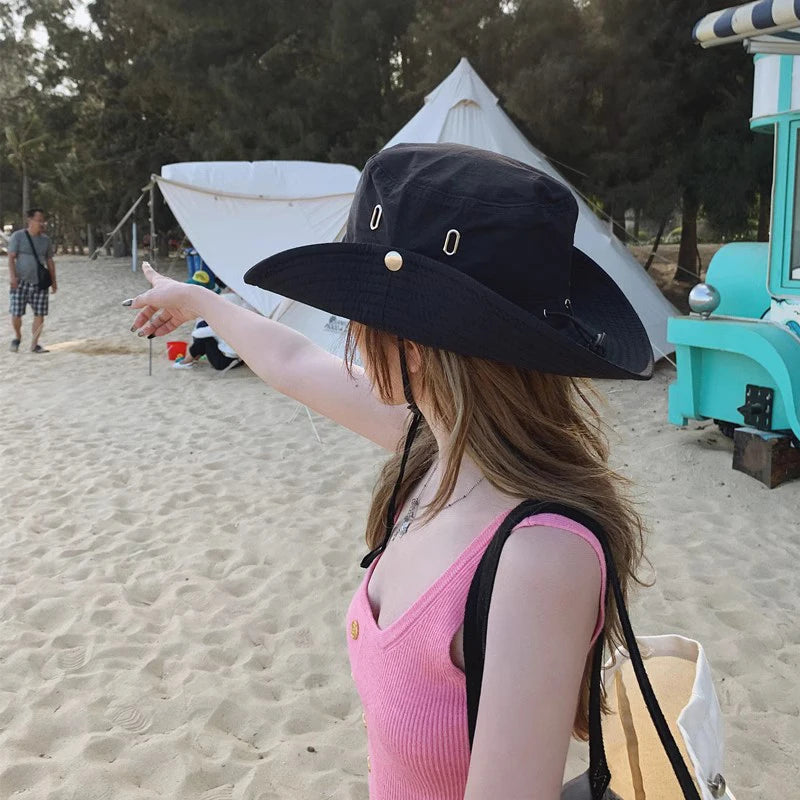 2024 Retro Mountaineering Hat Women Spring Summer Outdoor Camping Drawstring Western Cowboy Hats Simple Sunshade Fisherman Cap