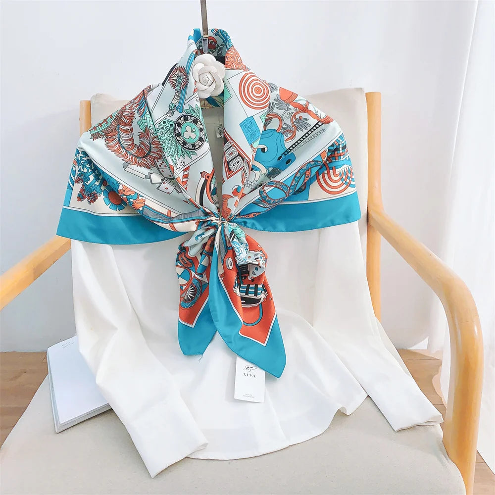 Twill Headscarf for Women Chain Geometric Print 90*90cm Square Scarf Hijab Bandana Female Neckerchief Hand Shawl Wraps Echarpe