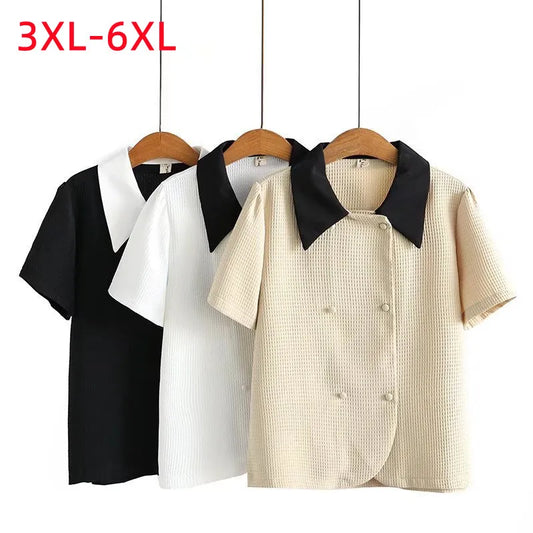 New 2022 Ladies Summer Plus Size Tops For Women Large Size Blouse Short Sleeve Casual khaki Waffle Shirt 3XL 4XL 5XL 6XL