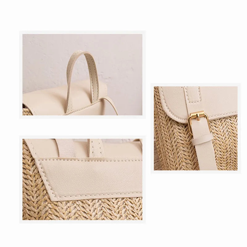 Fashion Women's Shoulder Bag Vintage Straw Woven Bag PU Leather Shoulder Bag Elegant Luxury Versatile Designer Backpack Mochilas