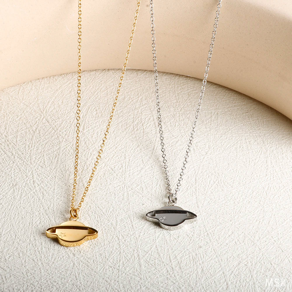 JINHUI Moon and Saturn Friendship Necklaces For Women Stainless Steel Metal Pendant Folklore Necklace Trendy Chain Jewelry Set