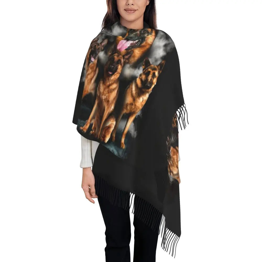 German Shepherd Courage Scarf Wrap Women Long Winter Fall Warm Tassel Shawl Unisex Alsatian Wolf Dog Lover Scarves