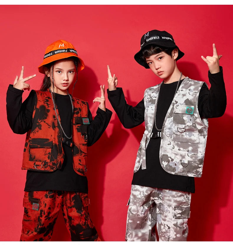 Modern Hip Hop Dance Clothes Kids Costume Camouflage Vest Pants Girls Long Sleeves Suit Boys Street Dance Outfit Rave Wear L9730