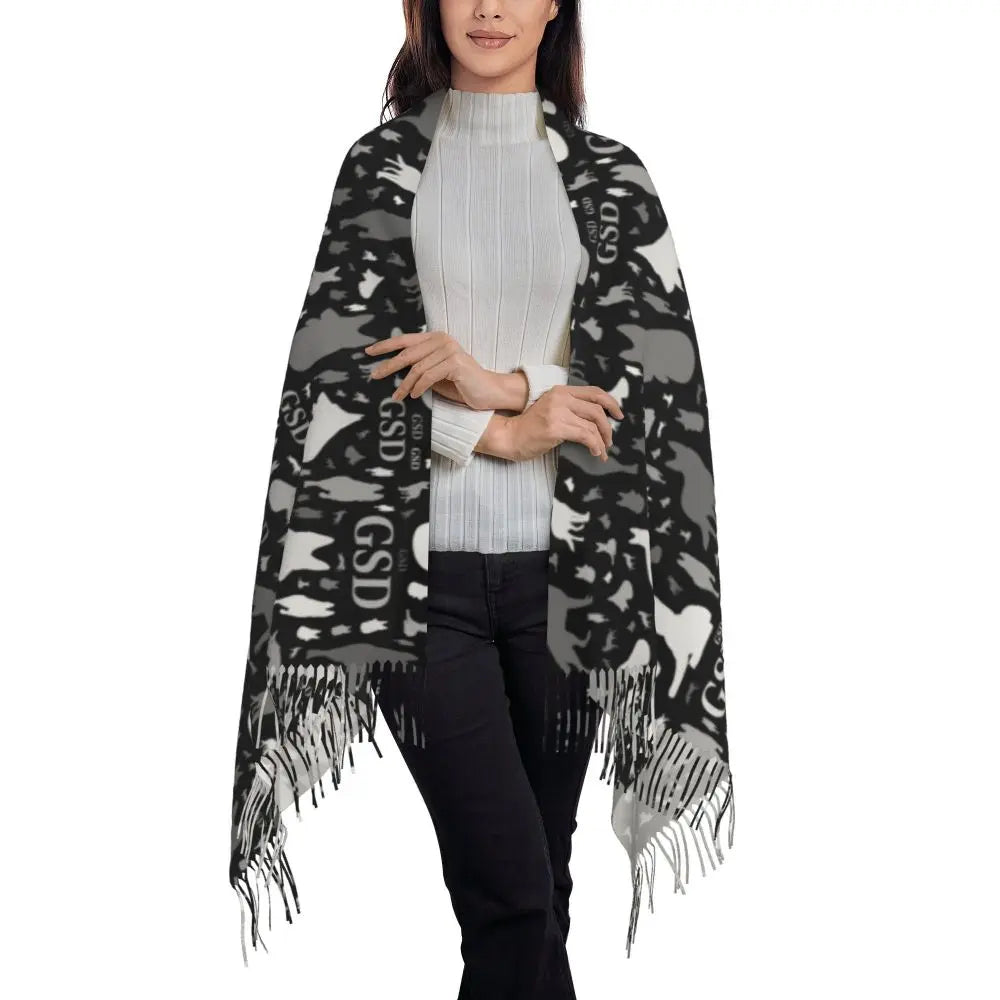 German Shepherd Courage Scarf Wrap Women Long Winter Fall Warm Tassel Shawl Unisex Alsatian Wolf Dog Lover Scarves