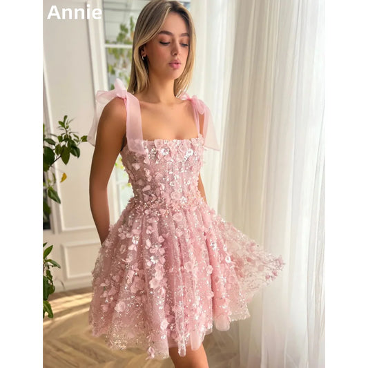 Annie Sweetheart Pink Wedding Dress Glitter 3D Embroidered Flowers Prom Dresses Corset Short Princess Bespoke Occasion Dresses