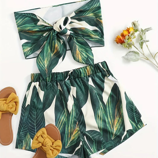 Summer Women Sets 2024 New Loose Plus Size Plant Print Two Piece Lace Up Strapless + Shorts Lady Suits Female Clothing KJ046