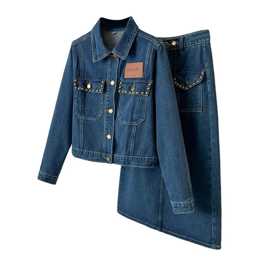 Women Denim Two-piece Suit Largesize Casual Skirt Sets Retro Jean Jacket Short Coat And A-line Skirt 2-piece Sets Spring Autumn