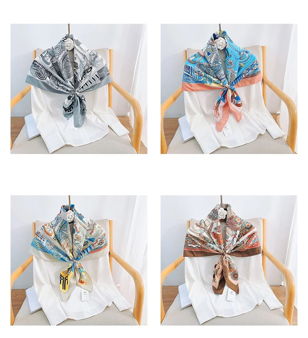 Twill Headscarf for Women Chain Geometric Print 90*90cm Square Scarf Hijab Bandana Female Neckerchief Hand Shawl Wraps Echarpe