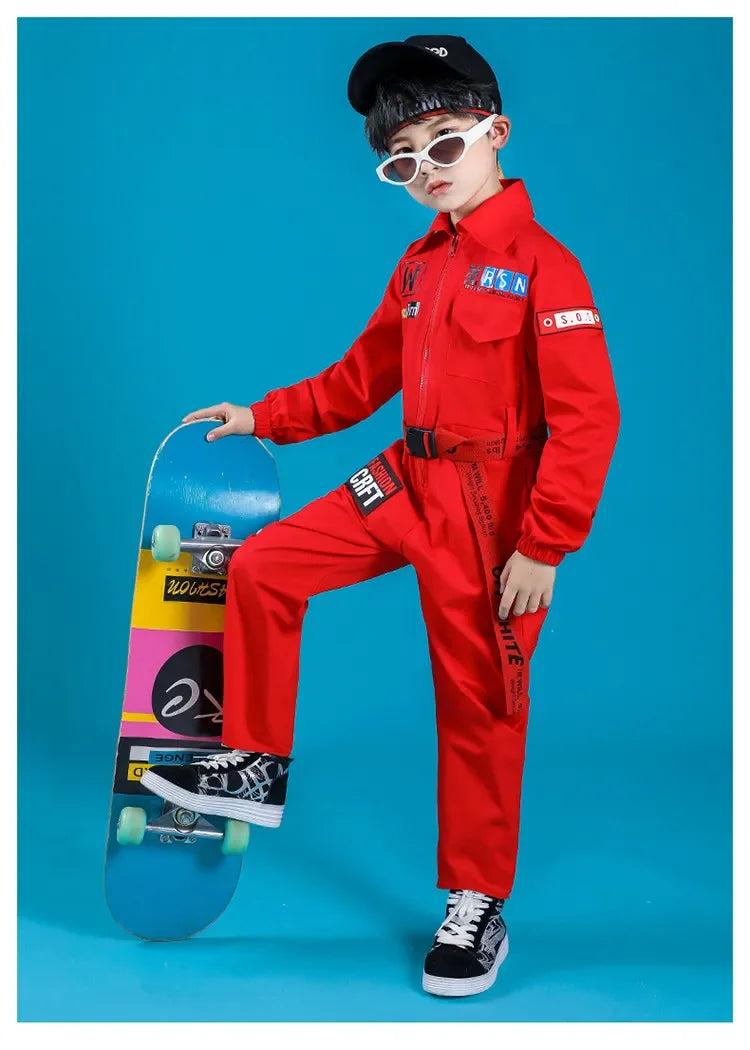 Kids Boys Girls Long Sleeve Casual Jumpsuit Cargo Pant Children Teenager Streetwear Hip Hop Playsuits Dance Stage Show Clothing