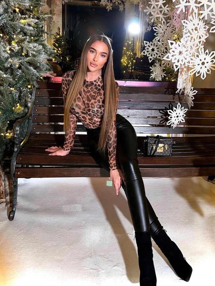 Ahagaga Fashion Club Leopard Printed Sexy Women Bodysuits Casual O-neck Slim Sheath Rompers T Shirts Streetwear Full Sleeve Tops