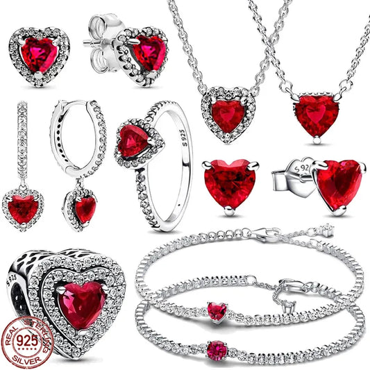 Classic New 925 Sterling Silver Luxury Shiny Red Heart-shaped Ring Necklace Bracelet Exquisite Charm Jewelry Surprise Gifts