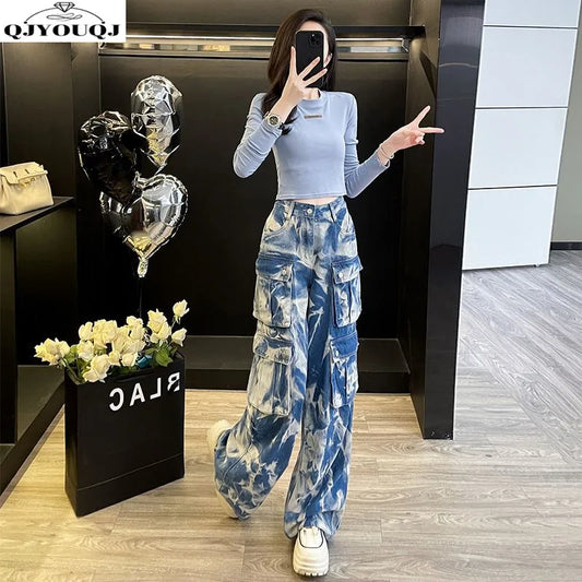 2024 autumn and winter niche fashion top+gradient retro multi pocket jeans wide leg pants two-piece set trendy