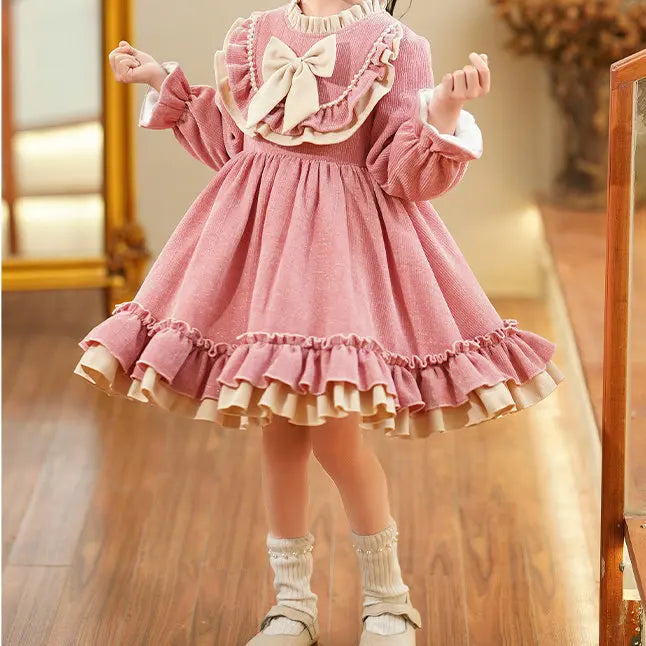 Girls 2023 Winter New Fashionable Korean style Dress Children Fashionable Bow Lace Collar Plush Thickened Princess Dress