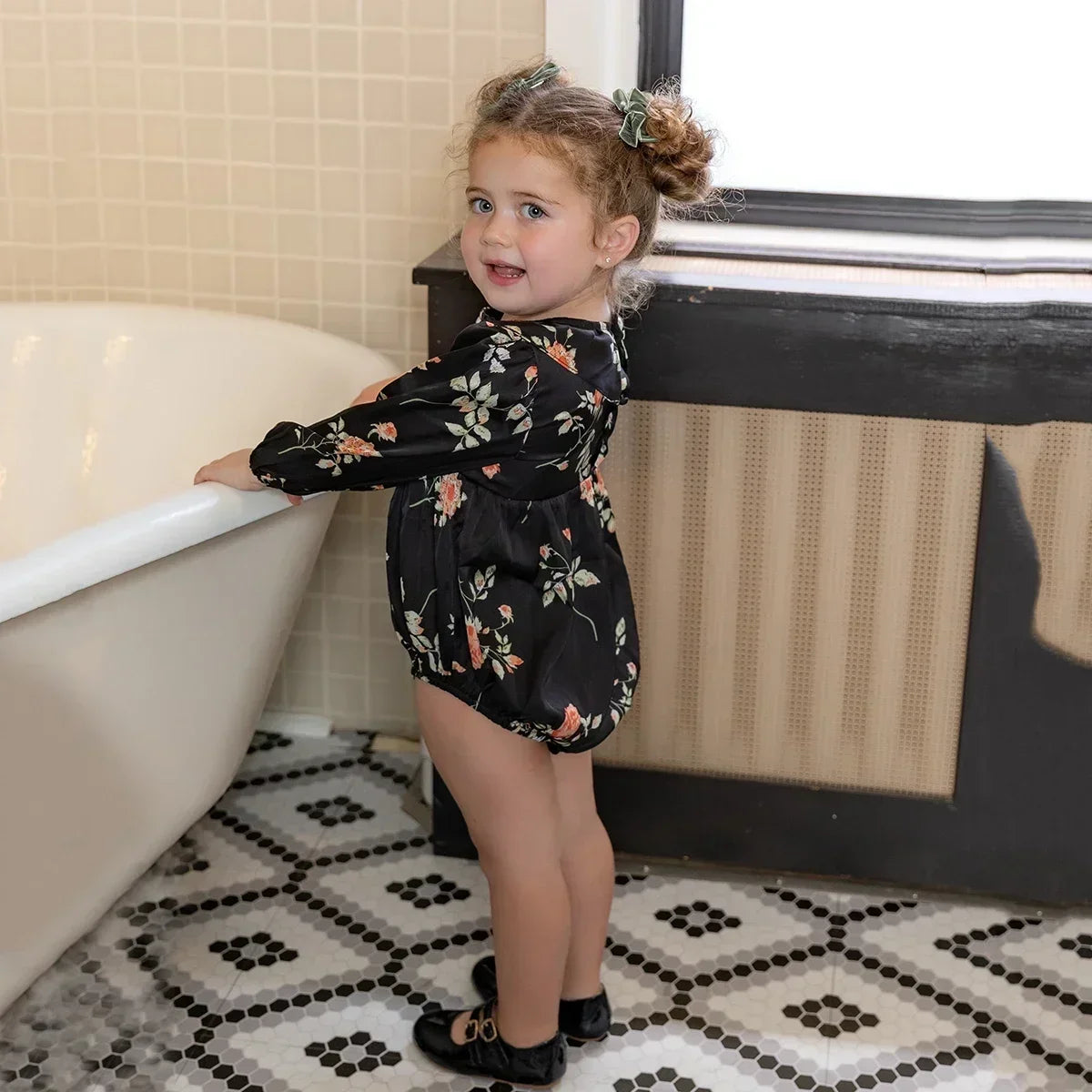 AP Floral Pleated Satin Collection 2025 Autumn Long Sleeve Girls Floral Pleated Dress Baby Romper Cute, #6007