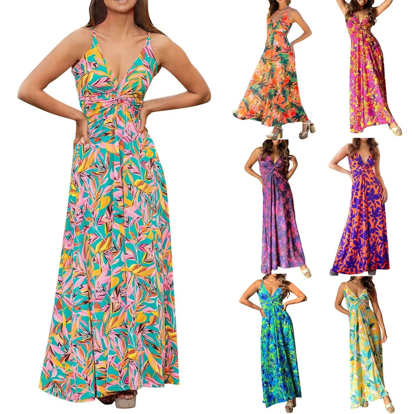 Boho Dress Floor Length Women's Spaghetti Strap Backless Maxi Dress Large Swing Casual Holiday Wrapped Knot Long Dress Vestidos