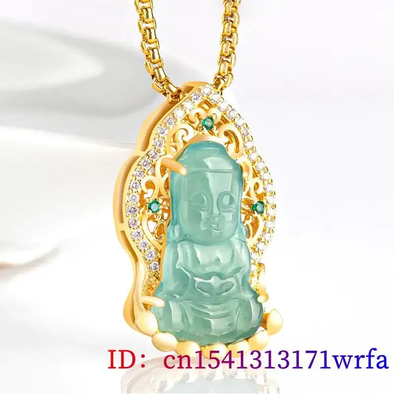 Blue Jadeite Buddha Pendant Amulet Necklace 18K Gold Plated Jewelry Man Natural Real Burmese Jade Talismans Choker Stone