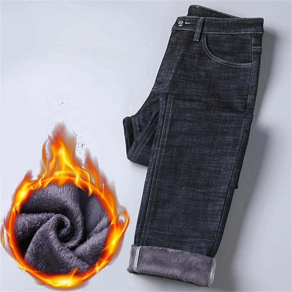 Men's Classic Regular Fit Fleece Jeans Business Fashion Loose Casual Stretch Pants Male Brand Plus Velvet Padded Warm Trousers