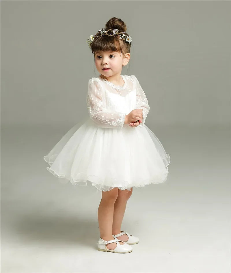 0-24 Months Long Sleeve Baby Girl Dress Infant Toddler Birthday Party Dresses Little Girls White Wedding Baptism Dress 8515