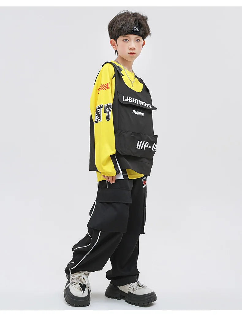 Kid Hip Hop Clothing Yellow Racing Long Sleeve T Shirt Vest Black Casual Cargo Pants for Girls Boys Jazz Dance Costume Clothes