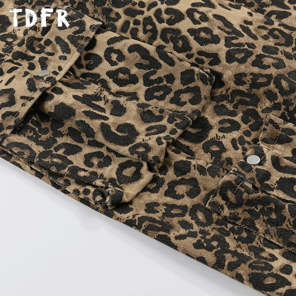 Leopard Print Cargo Pants Mens Multi-Pocket Retro Streetwear Straight Loose Wide Leg Trousers Men