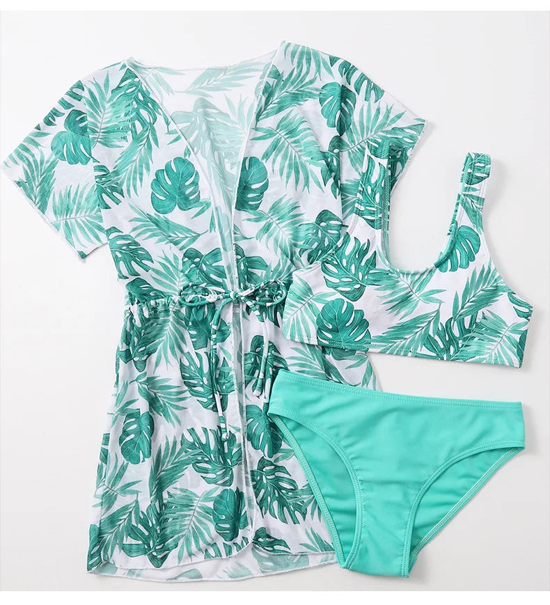 Girls 3pack Leaf Print High Waist Bikini Kids Swimsuit&Kimono 7-12 Years Children's Swimwear 2024 Teens Bathing Suit Beach Wear