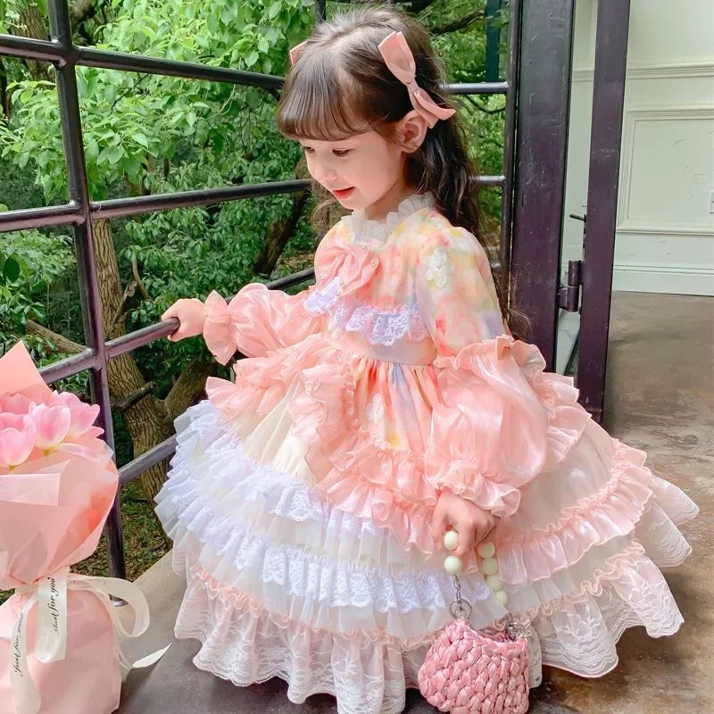 Baby Girl Layer Lace Lolita Princess Dresses Toddler Child Vintage Elegant Bow Tutu Vestido Christmas Halloween Clothes 3-12Y