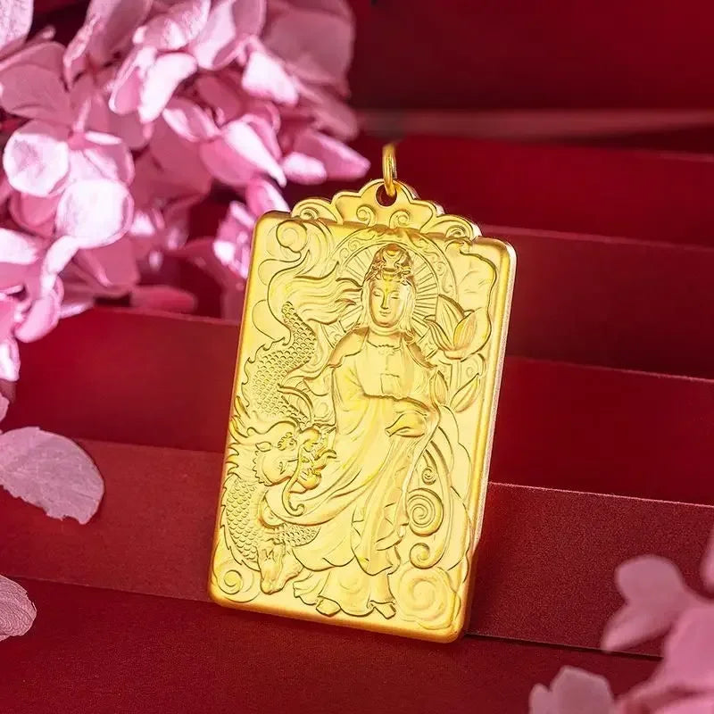 Fine Jewelry Yulong Guanyin Men's Pendant Solid 100% Real Pure Copper 18K Gold Plated High-grade Hangtag Necklace Square Brand